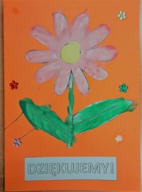 Rysunek różowego kwiatka z zielonymi liśćmi i napis dziękujemy
