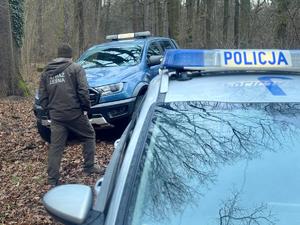 Grafika przedstawia pojazdy policji i straży leśnej. W tle znajduje się las, na terenie którego pełniona jest służba przez funkcjonariuszy obydwu służb.