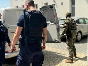 Obraz przedstawia funkcjonariuszy Policji oraz Straży Granicznej
