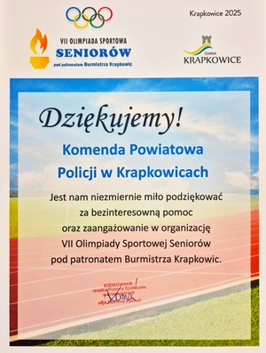 dyplom z podziękowaniami za udział krapkowickich policjantów