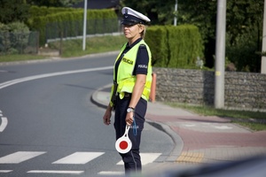 Zdjęcie przedstawia policjanta na drodze